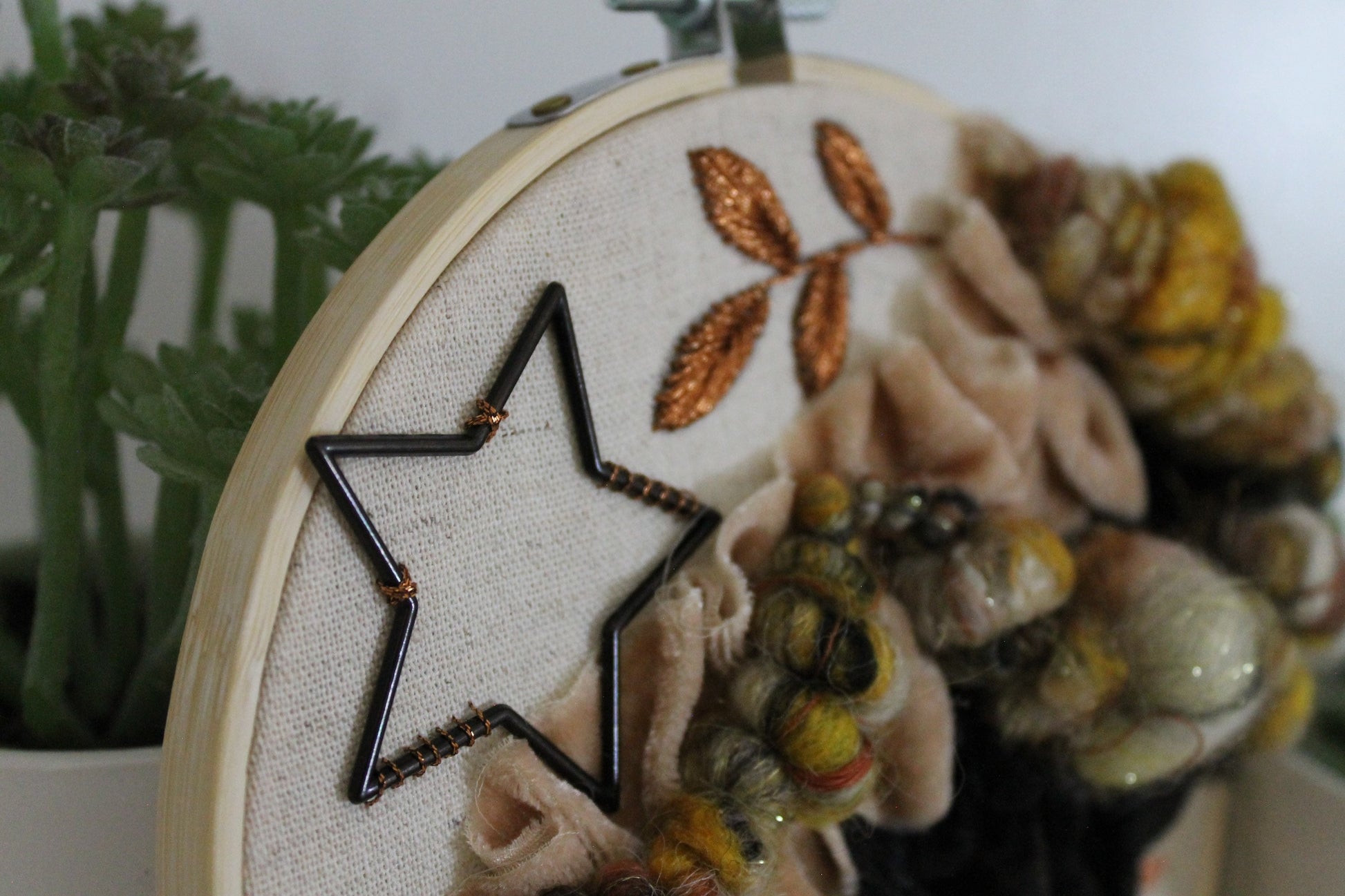Copper abstract embroidery | yellow and black | embroidery hoop | foil embroidery | diy | gift idea