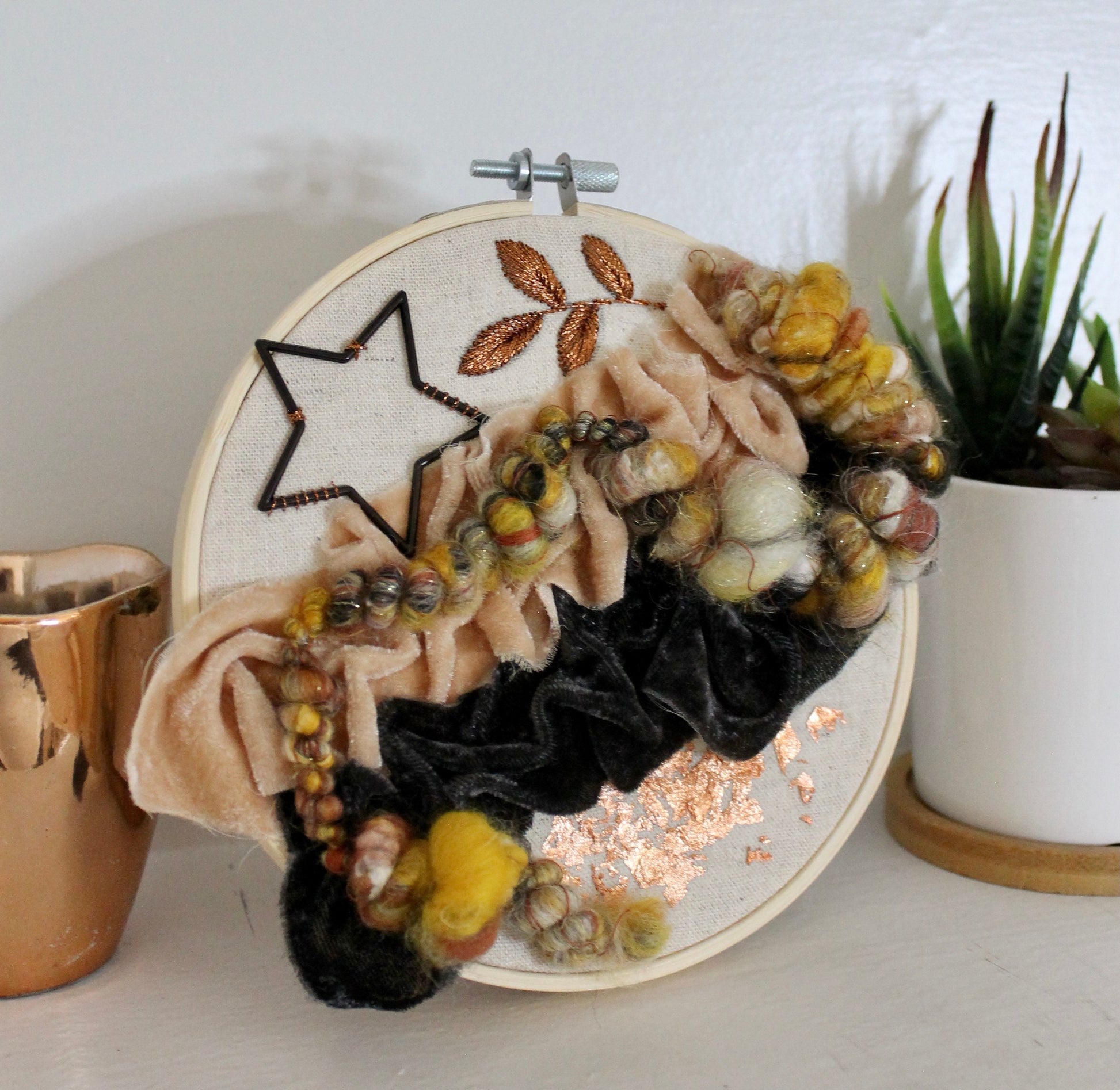 Copper abstract embroidery | yellow and black | embroidery hoop | foil embroidery | diy | gift idea