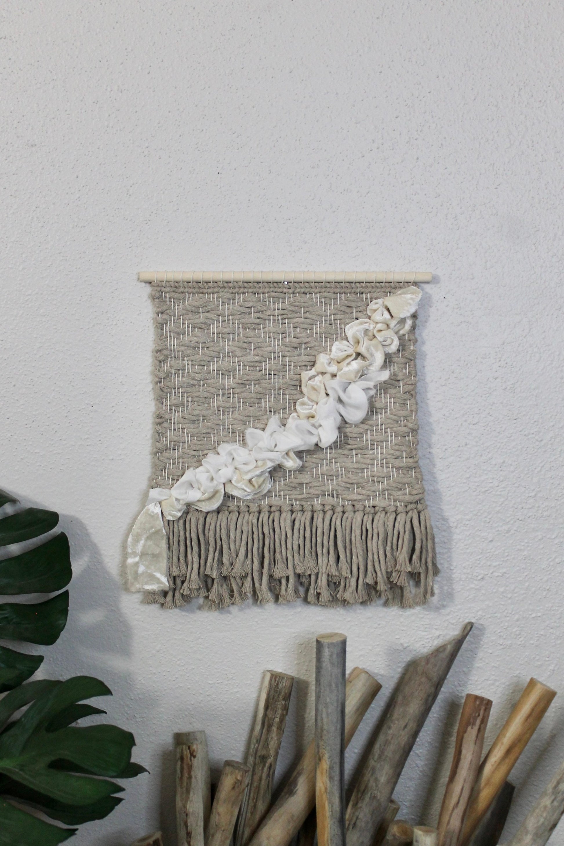 Tan and white silk woven wall hanging | wall art | weaving | woven tapestry | wall decor | wall tapestry | home decor | tapestry