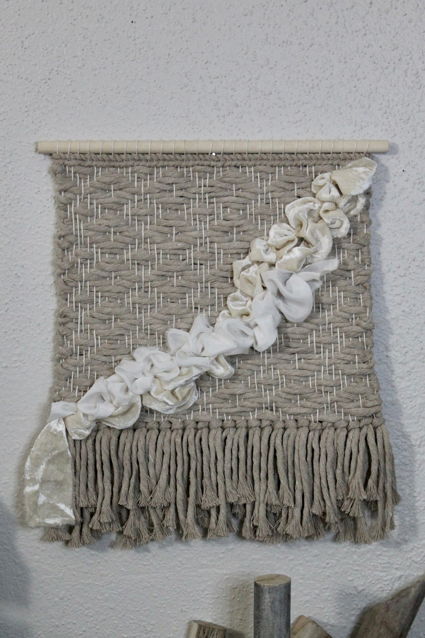 Tan and white silk woven wall hanging | wall art | weaving | woven tapestry | wall decor | wall tapestry | home decor | tapestry