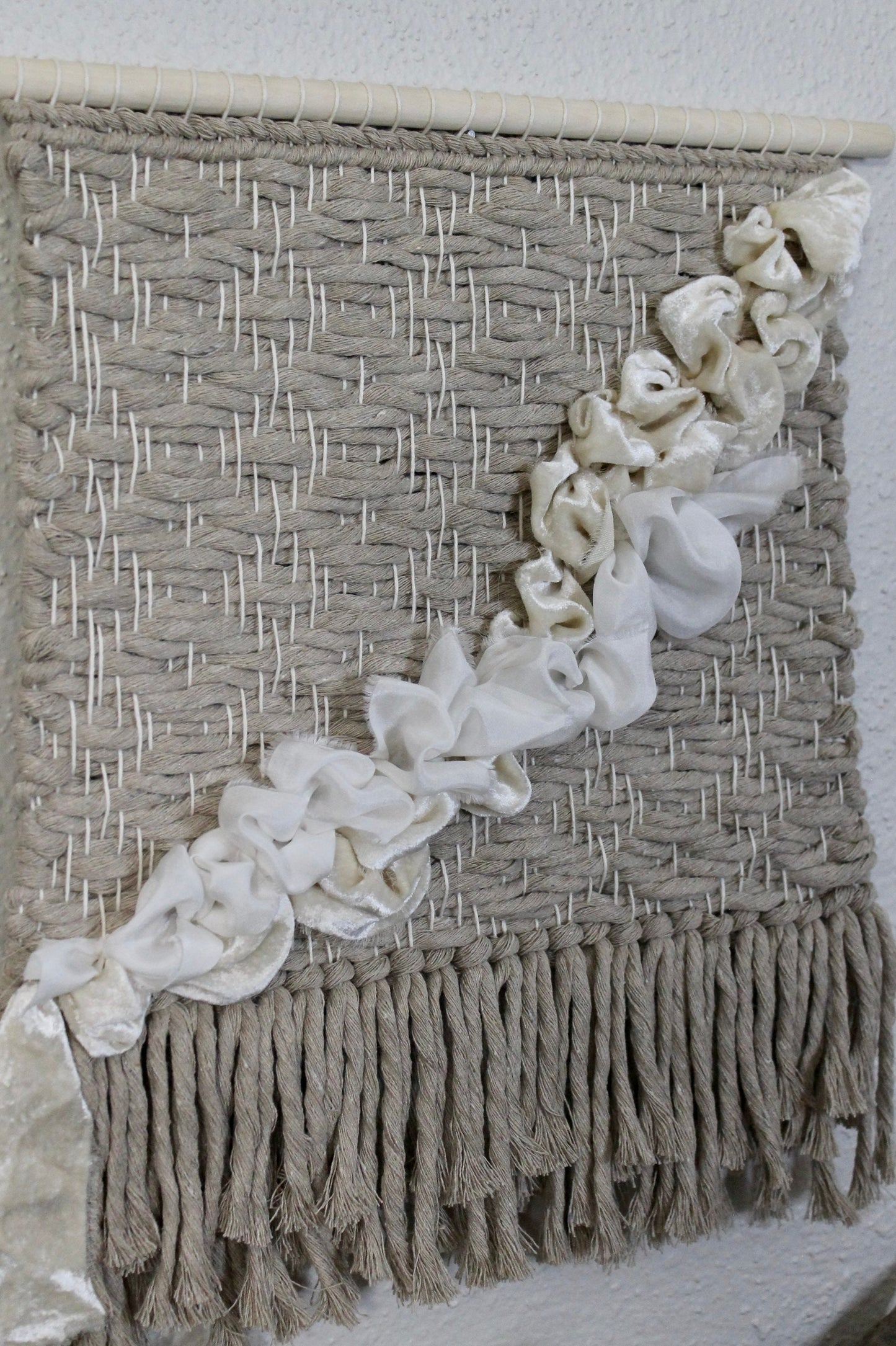 Tan and white silk woven wall hanging | wall art | weaving | woven tapestry | wall decor | wall tapestry | home decor | tapestry