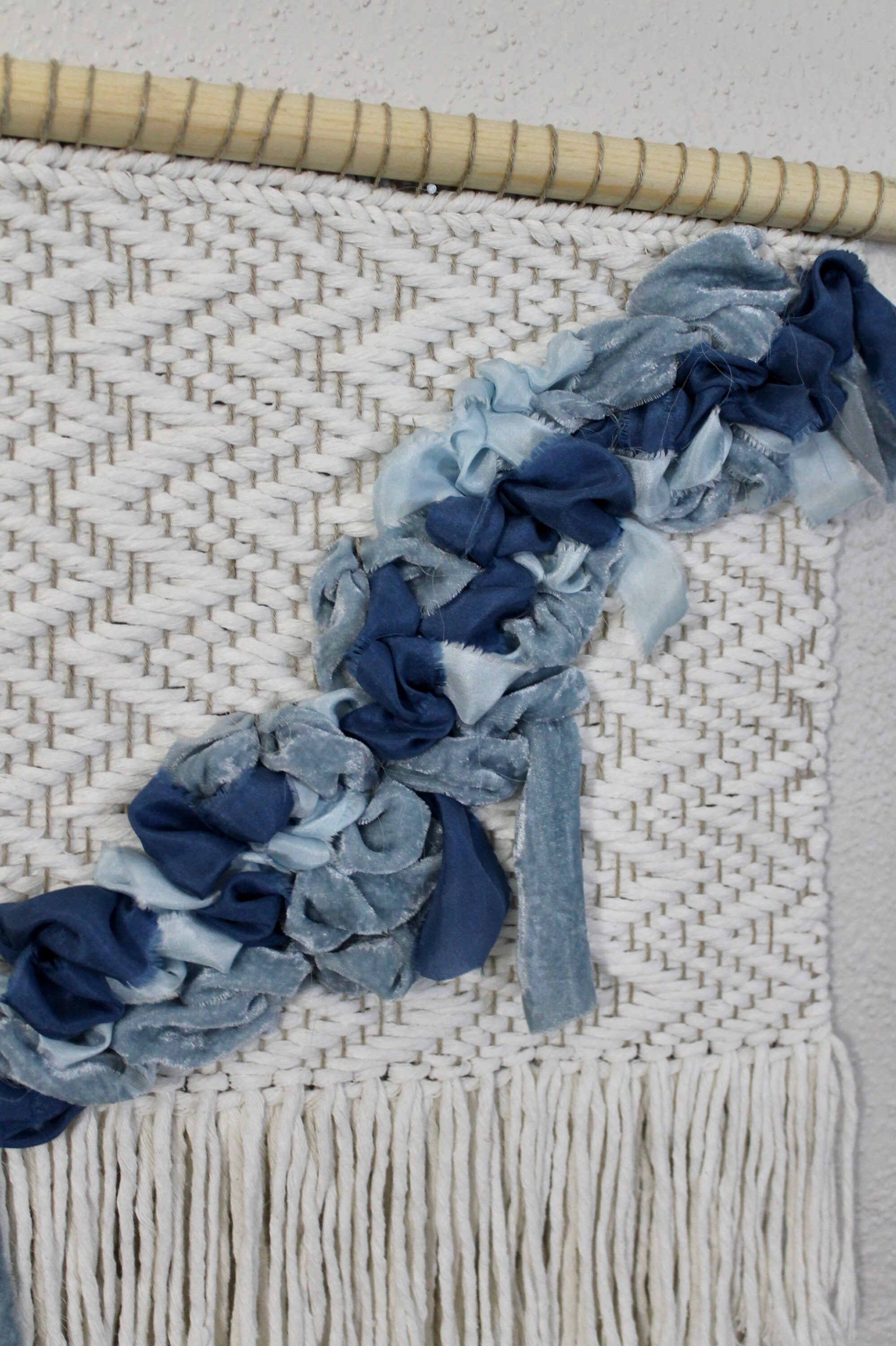 Blue, White, and Floral on sale Gray Woven Wall Hanging