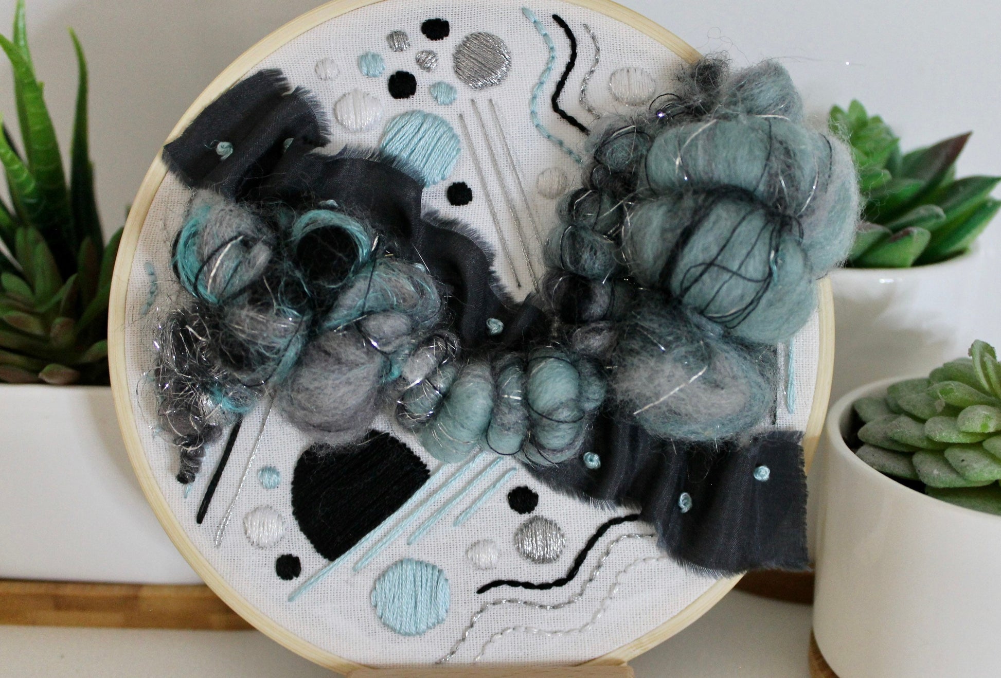 Blue and black abstract embroidery | embroidery hoop | foil embroidery | diy | gift idea