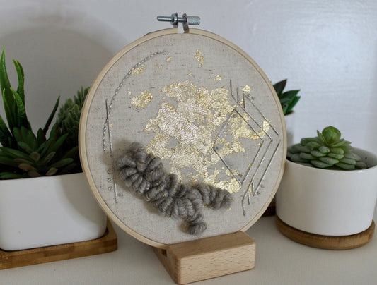 Grey and gold geometric abstract embroidery | gold foil | embroidery hoop | foil embroidery | diy | gift idea