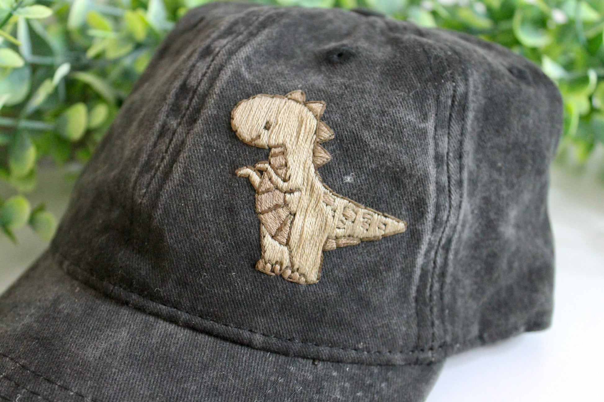 Dino hat embroidery | black and brown | dinosaur | baseball cap | hand embroidery | gift idea